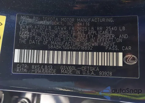 2016 Lexus Es 350 z USA, uszkodzony, nr VIN 58ABK1GG4GU018892